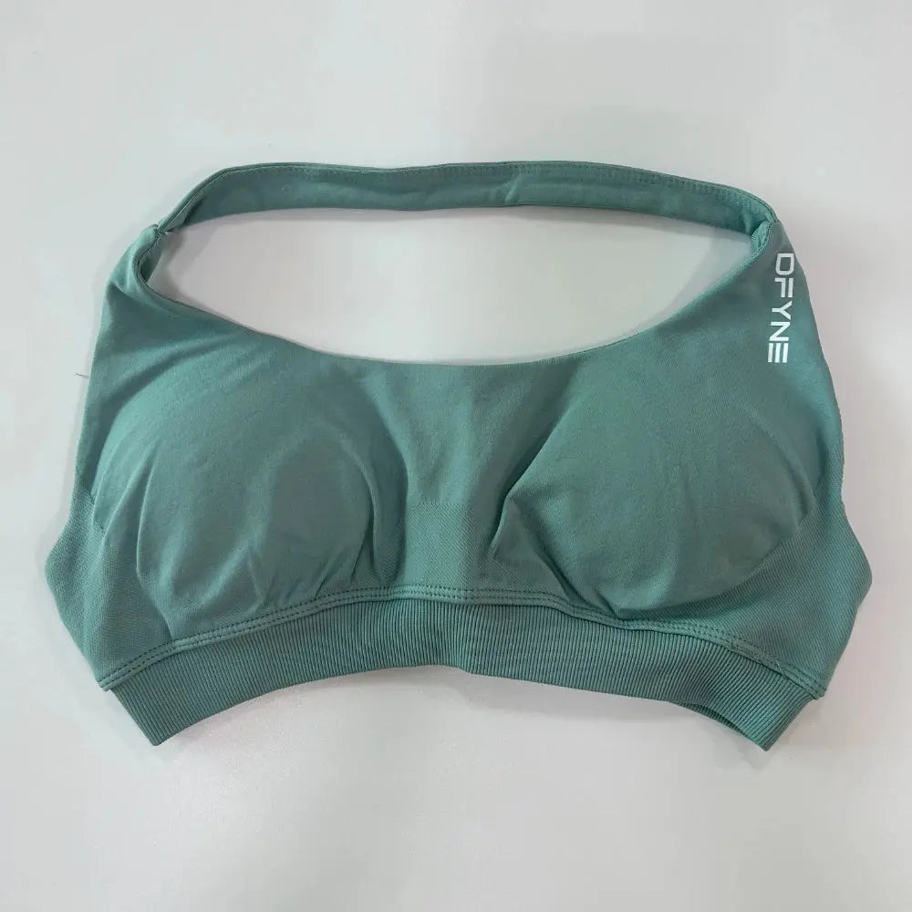 Dfyne Impact Sports Bra With Logo Women Seamless Halter Neck Strap Bra Padded Open Back Yoga Top Bra Medium Support Gym Crop Top - SlimmingHut