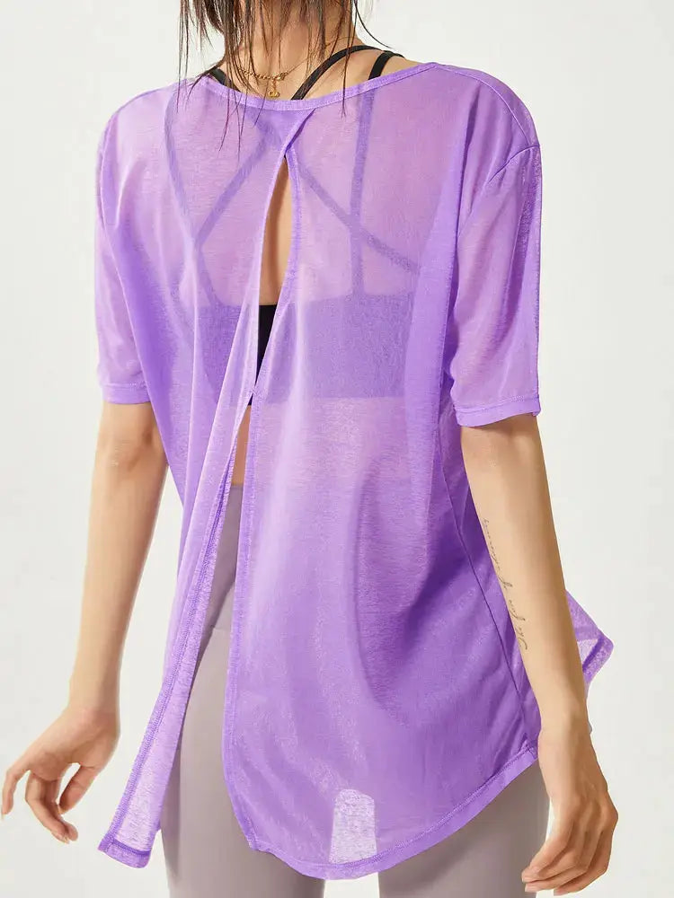 Thin Loose Backless Slit Yoga Shirts Net Yarn Breathable Quick-dry Gym Run Short-sleeved Blouse Women Sports Top Fitness Clothes SlimmingHut