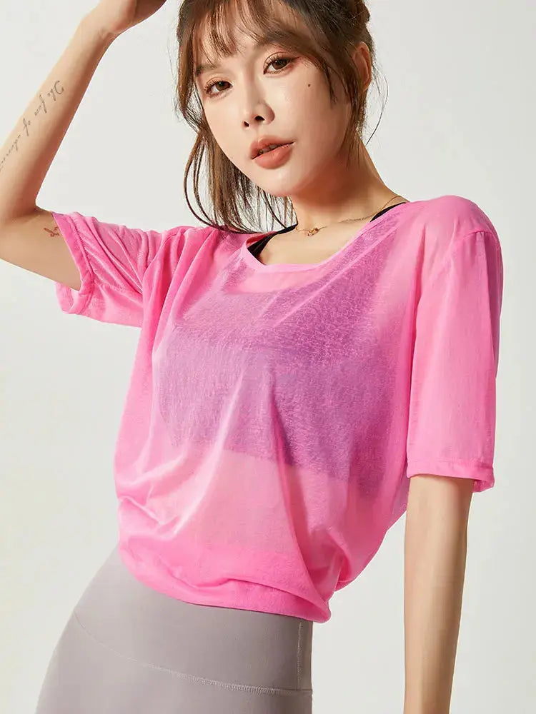 Thin Loose Backless Slit Yoga Shirts Net Yarn Breathable Quick-dry Gym Run Short-sleeved Blouse Women Sports Top Fitness Clothes SlimmingHut