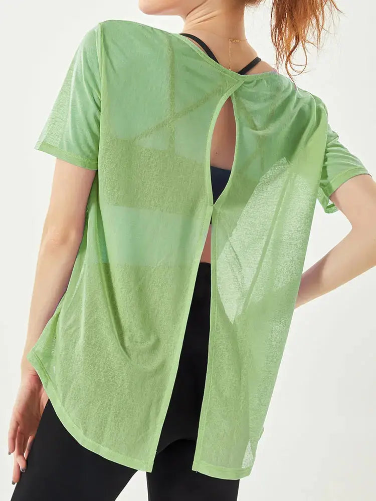 Thin Loose Backless Slit Yoga Shirts Net Yarn Breathable Quick-dry Gym Run Short-sleeved Blouse Women Sports Top Fitness Clothes SlimmingHut