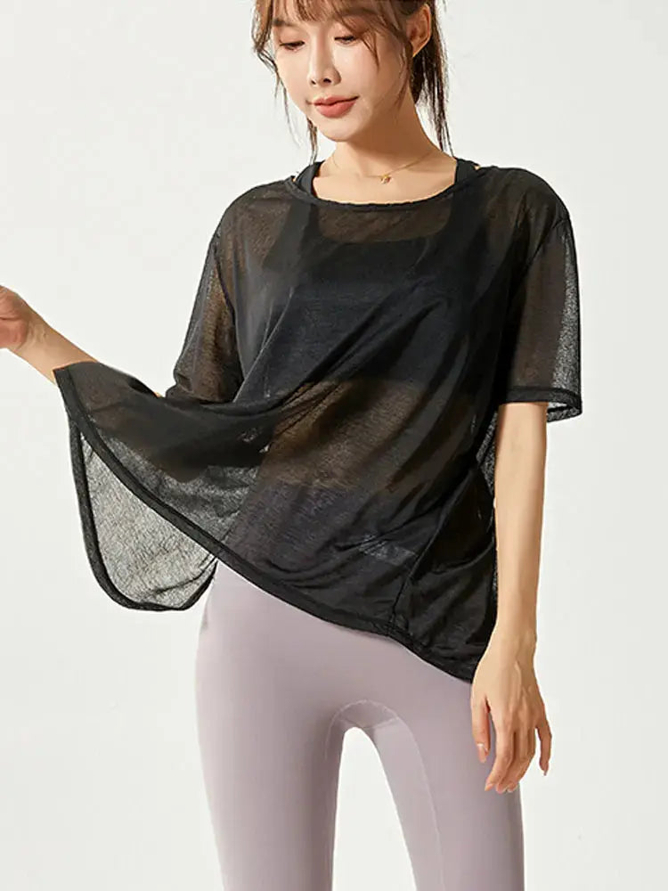 Thin Loose Backless Slit Yoga Shirts Net Yarn Breathable Quick-dry Gym Run Short-sleeved Blouse Women Sports Top Fitness Clothes SlimmingHut