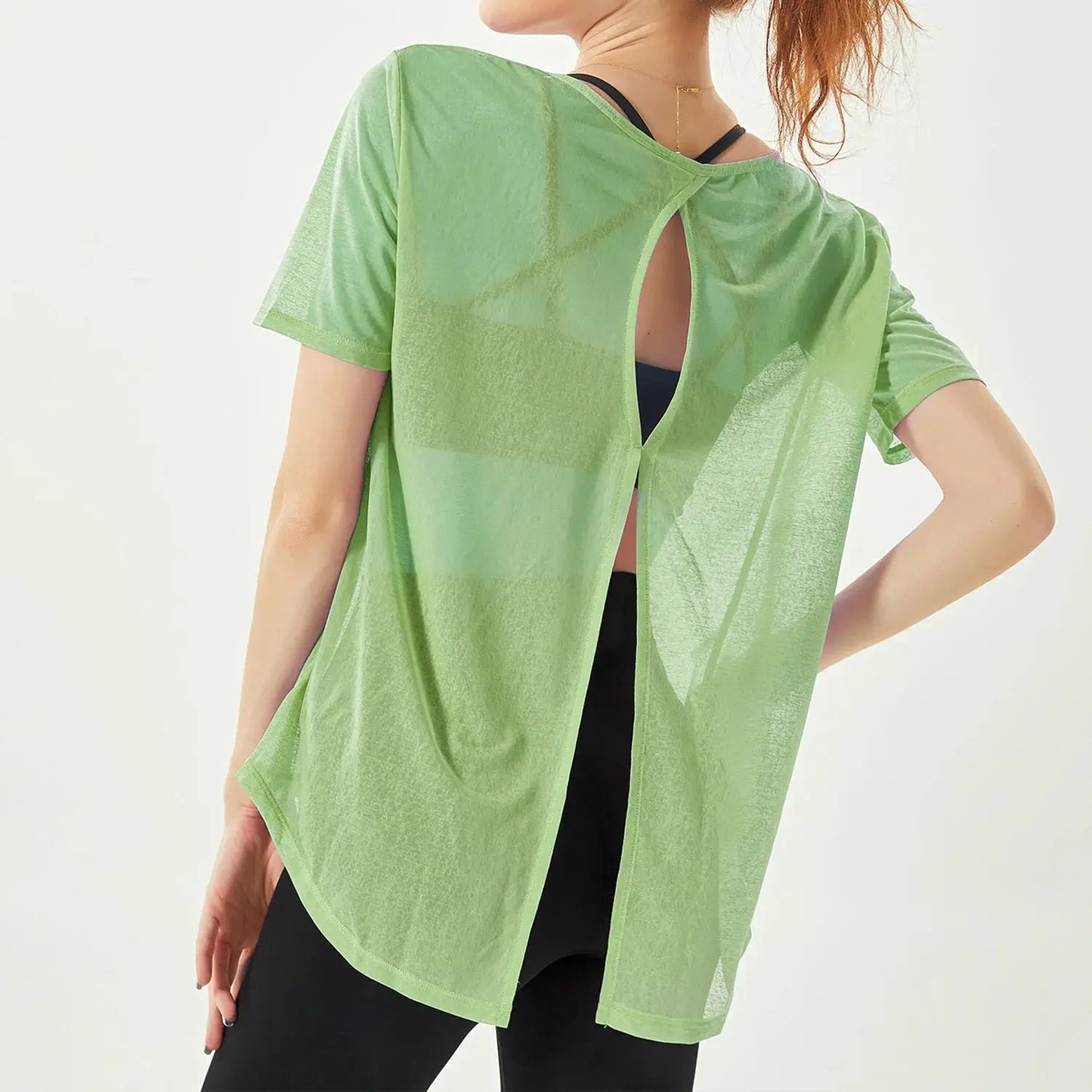 Thin Loose Backless Slit Yoga Shirts Net Yarn Breathable Quick-dry Gym Run Short-sleeved Blouse Women Sports Top Fitness Clothes - SlimmingHut