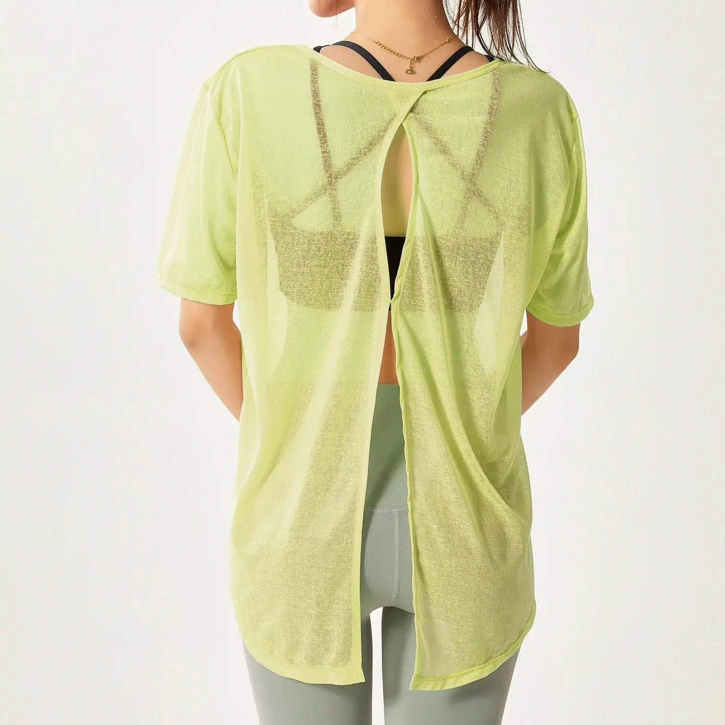 Thin Loose Backless Slit Yoga Shirts Net Yarn Breathable Quick-dry Gym Run Short-sleeved Blouse Women Sports Top Fitness Clothes - SlimmingHut