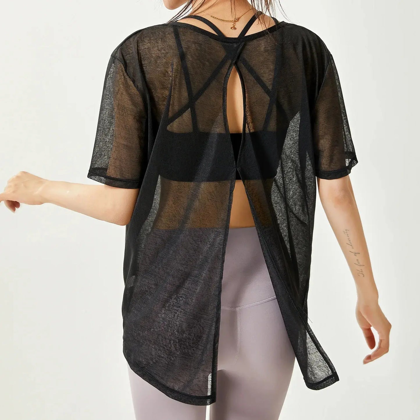 Thin Loose Backless Slit Yoga Shirts Net Yarn Breathable Quick-dry Gym Run Short-sleeved Blouse Women Sports Top Fitness Clothes - SlimmingHut