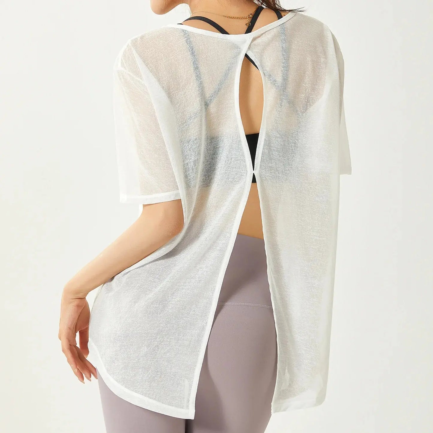 Thin Loose Backless Slit Yoga Shirts Net Yarn Breathable Quick-dry Gym Run Short-sleeved Blouse Women Sports Top Fitness Clothes - SlimmingHut