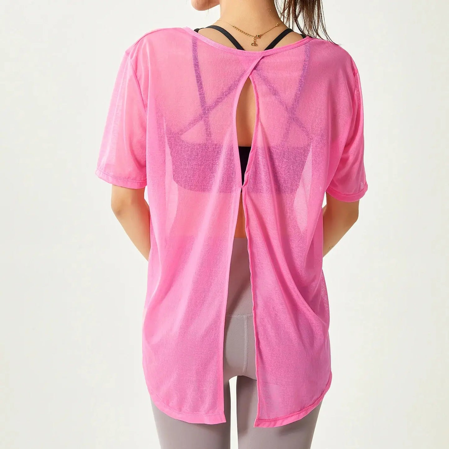 Thin Loose Backless Slit Yoga Shirts Net Yarn Breathable Quick-dry Gym Run Short-sleeved Blouse Women Sports Top Fitness Clothes - SlimmingHut