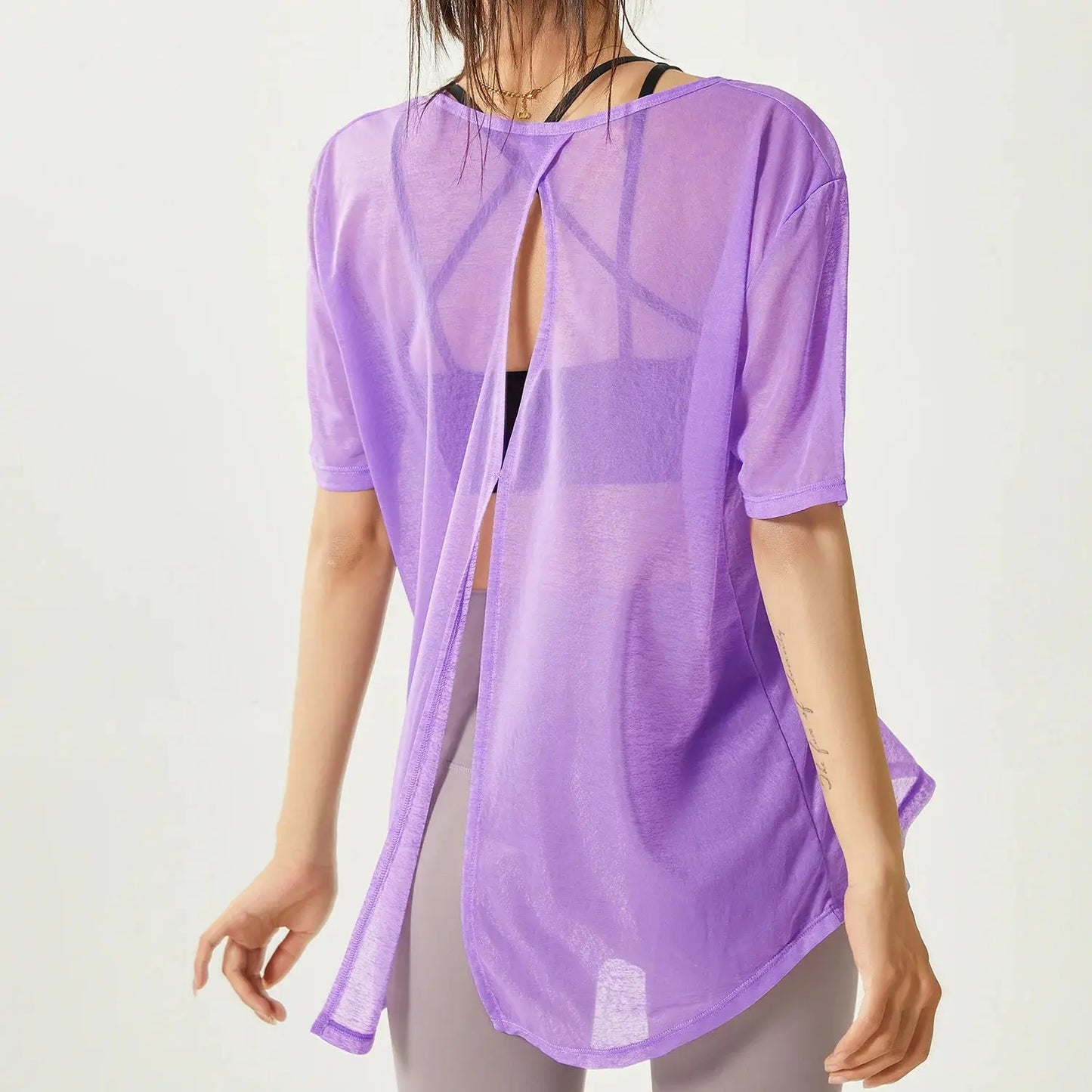 Thin Loose Backless Slit Yoga Shirts Net Yarn Breathable Quick-dry Gym Run Short-sleeved Blouse Women Sports Top Fitness Clothes - SlimmingHut