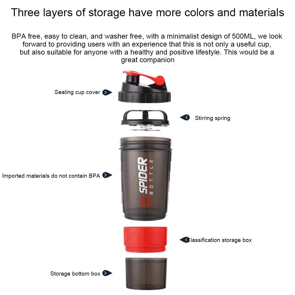 500ML/16oz Shaker Bottle Leak-proof Workout Shake Cup with Mixer Gym Sports Shaker Water Bottle with Pill & Supplement Storage SlimmingHut