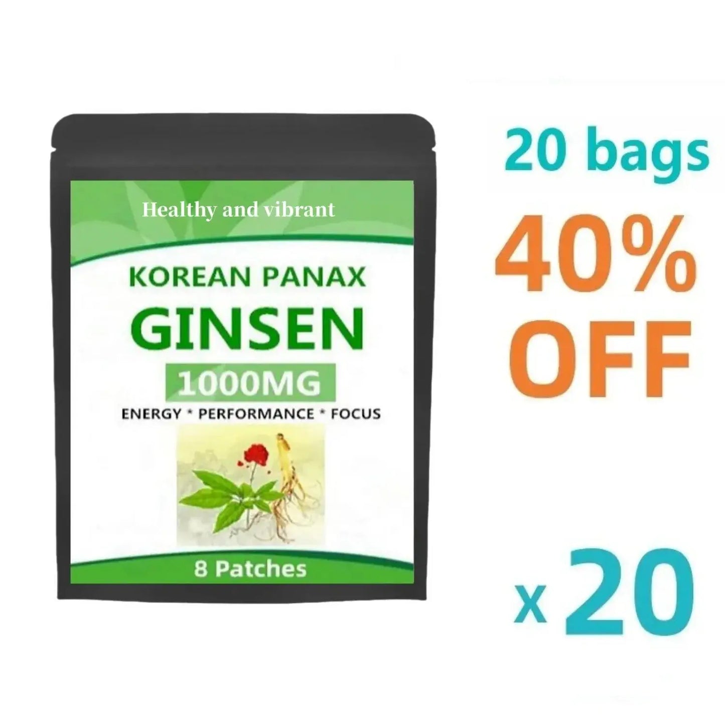 Natural Red Panax Ginseng 8 Energy Patches w/High Ginsenosides for Energy, Performance & Focus Pills for Men & Women - SlimmingHut